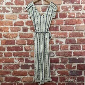 Monteau Pants Jumpsuit Women's Small White Blue Linen Blend Boho Aztec Pull On